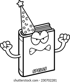 A cartoon illustration of a spell book looking angry.