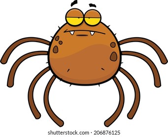 Cartoon illustration of a spider with a grumpy expression. 