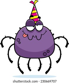 A cartoon illustration of a spider with a party hat looking drunk.