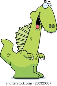 A cartoon illustration of a Spinosaurus dinosaur looking hungry.