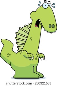 A cartoon illustration of a Spinosaurus dinosaur looking scared.