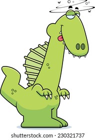A cartoon illustration of a Spinosaurus dinosaur looking drunk.