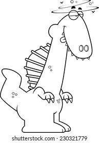 A cartoon illustration of a Spinosaurus dinosaur looking drunk.