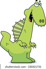 A cartoon illustration of a Spinosaurus dinosaur with a sly expression.