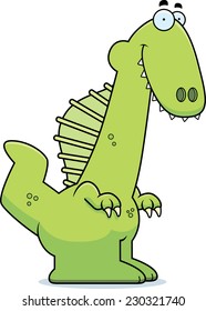 A cartoon illustration of a Spinosaurus dinosaur smiling.