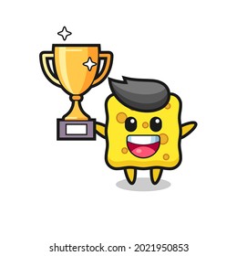 Cartoon Illustration of sponge is happy holding up the golden trophy , cute style design for t shirt, sticker, logo element