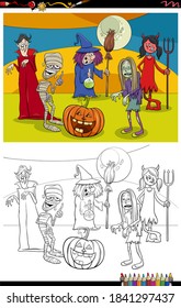 Cartoon illustration of spooky characters group on Halloween time coloring book page