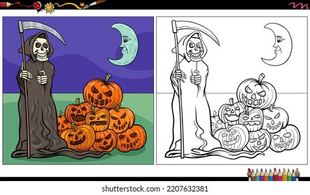 Cartoon illustration of spooky grim reaper Halloween character coloring page