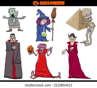 Cartoon illustration of spooky Halloween holiday comic characters set