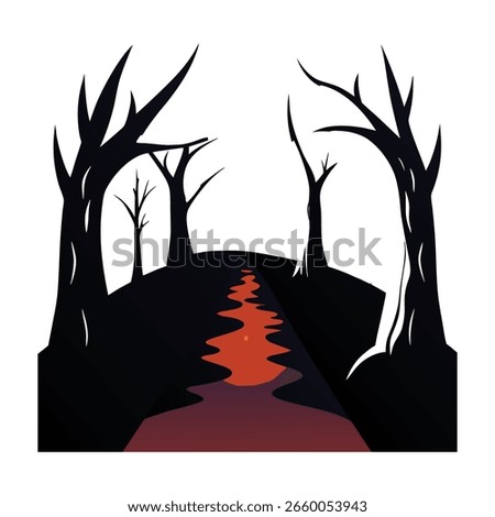 Cartoon illustration of a spooky path through a dark forest with eerie trees.