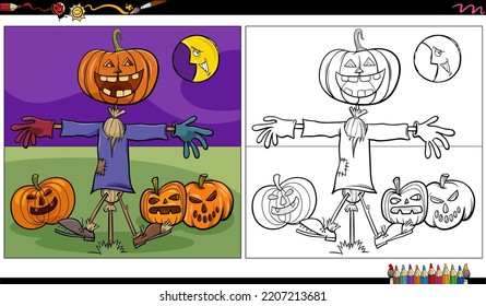 Cartoon illustration of spooky scarecrow Halloween character with pumpkins coloring page