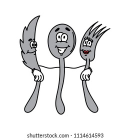 Cartoon illustration of spoon, knife and fork doing high five vector