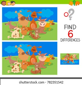 Cartoon Illustration of Spot the Differences between two Pictures Educational Game for Children with Dogs Animal Characters Group