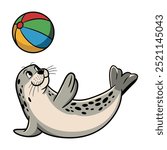 Cartoon Illustration of a Spotted Seal Playing with a Ball