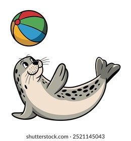 Cartoon Illustration of a Spotted Seal Playing with a Ball