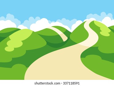 Cartoon illustration of spring landscape with blue sky and green hills