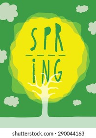 Cartoon illustration of spring tree with word