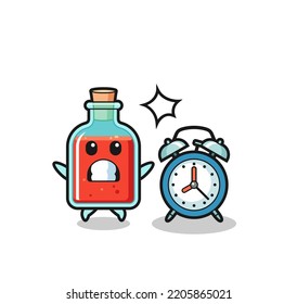 Cartoon Illustration of square poison bottle is surprised with a giant alarm clock , cute design