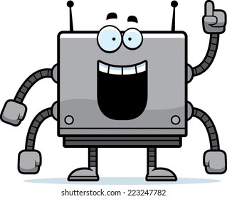 A cartoon illustration of a square robot with an idea.