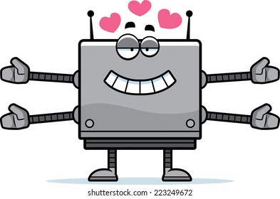 A cartoon illustration of a square robot ready to give a hug.