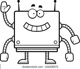A cartoon illustration of a square robot smiling and waving.