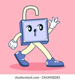 A cartoon illustration of a square shaped padlock mascot.This playful design is perfect for use in advertisements, greeting cards, branding, or creative digital projects.