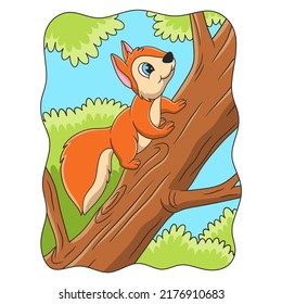 cartoon illustration a squirrel climbing a big tree to get food on it