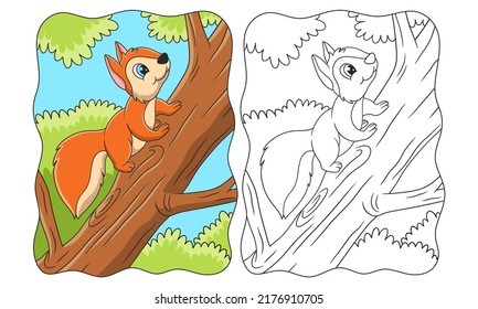 cartoon illustration a squirrel climbing a big tree to get food on it book or page for kids