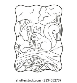 cartoon illustration a squirrel eating nuts on a tall tree book or page for kids black and white