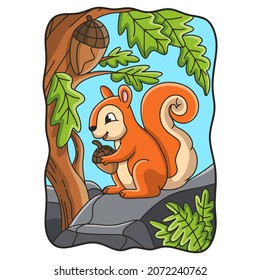 cartoon illustration squirrel eating on a big rock