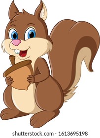 Cartoon illustration squirrel holding acorns