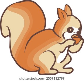 Cartoon illustration of a squirrel holding a nut, with fluffy fur and a cheerful expression