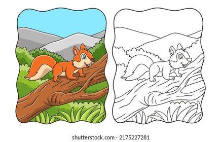 cartoon illustration a squirrel running towards food on a fallen tree trunk in the middle of the forest book or page for kids