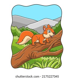 cartoon illustration a squirrel running towards food on a fallen tree trunk in the middle of the forest