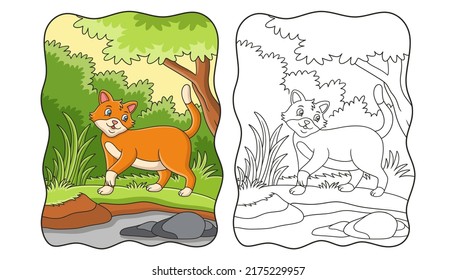 cartoon illustration a squirrel running towards food on a fallen tree trunk in the middle of the forest book or page for kids