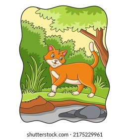 cartoon illustration a squirrel running towards food on a fallen tree trunk in the middle of the forest