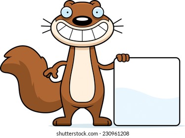 A cartoon illustration of a squirrel with a sign.