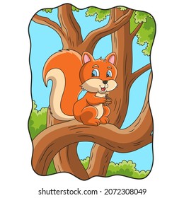 cartoon illustration the squirrel is sitting on a tree trunk in the middle of the forest