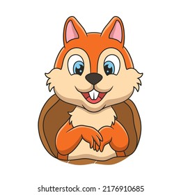 cartoon illustration the squirrel standing in front of the hole in the door of his house in a big tree in the middle of the forest