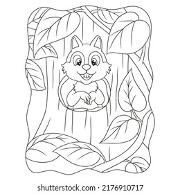 cartoon illustration the squirrel standing in front of the hole in the door of his house in a big tree in the middle of the forest book or page for kids black and white