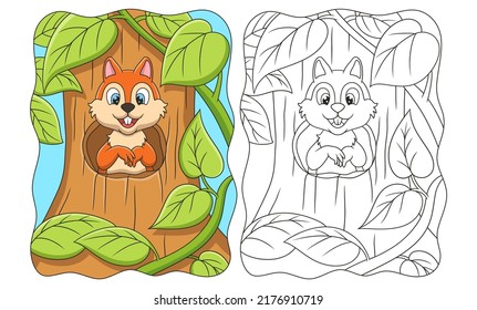 cartoon illustration the squirrel standing in front of the hole in the door of his house in a big tree in the middle of the forest book or page for kids