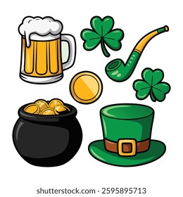 A cartoon illustration of st patrick day, a pot with a gold coins and a gold coin vector.