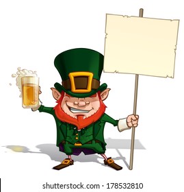 Cartoon Illustration of St. Patrick's popular image holding a placard.  