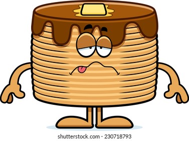 A cartoon illustration of a stack of pancakes looking sick.