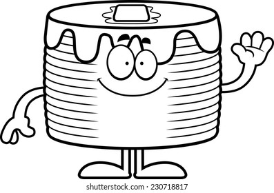 A cartoon illustration of a stack of pancakes waving.