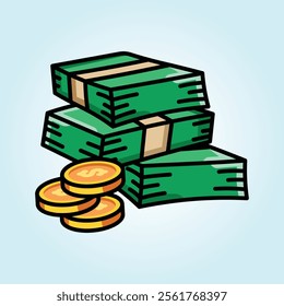 Cartoon illustration of stacks of money and gold coins, symbolizing wealth and financial success.