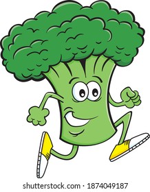 Cartoon illustration of a stalk of broccoli running while wearing athletic shoes.