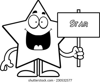 A cartoon illustration of a star holding a sign.