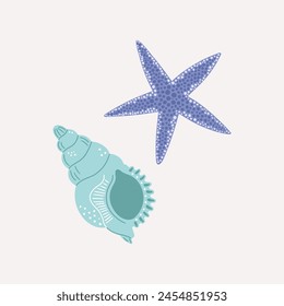 Cartoon illustration of starfish and seashell. Cute hand drawn vector illustration of marine seashells