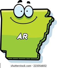 A cartoon illustration of the state of Arkansas smiling.